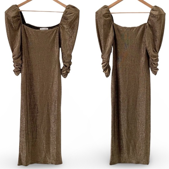 Reformation Rahm Ruched Puff Sleeve Midi Dress in Bronze Sparkle | Size XS - Picture 5 of 16